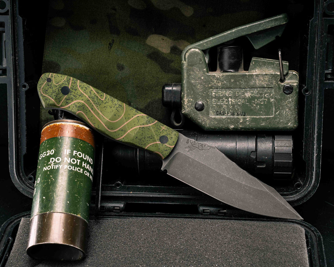 Field Knife- OD Green Topo GripX, CF Pins, Textured Grip