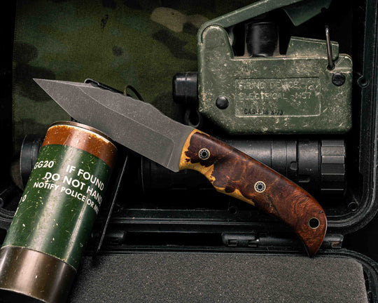 Modified Ishi Tanto- Desert Ironwood, Mosaic Pins, Brass Lanyard Pin, Textured Grip