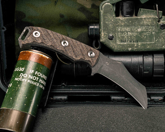 Vulture - Brown Burlap Micarta, Ti Allen Bolts, Textured Grip, Open Tang