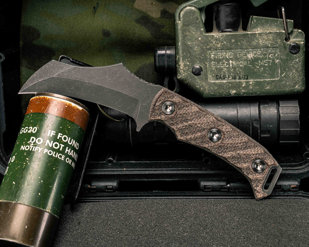 Vulture - Brown Burlap Micarta, Ti Allen Bolts, Textured Grip, Open Tang