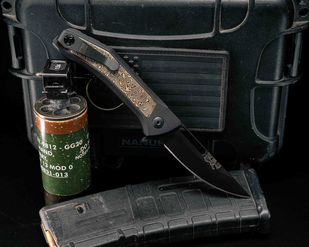 Custom Kwaiken Folder- R Pattern Mokume Inlay, Anodized Black Handle, Nitride Blade, Smooth Grip, Deep Carry Pocket Clip