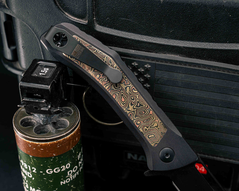 Custom Kwaiken Folder- R Pattern Mokume Inlay, Anodized Black Handle, Nitride Blade, Smooth Grip, Deep Carry Pocket Clip