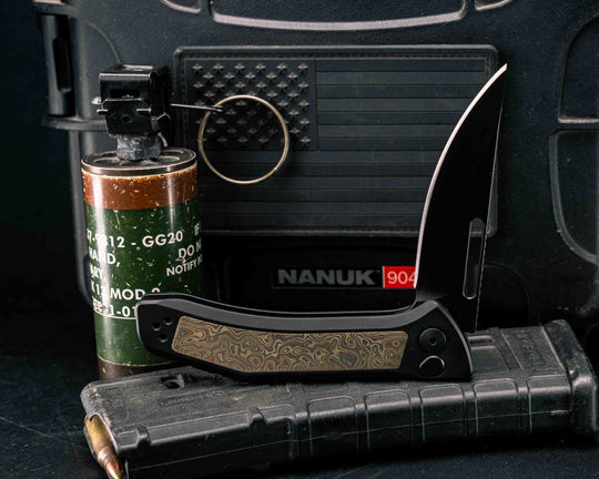 Custom Kwaiken Folder- R Pattern Mokume Inlay, Anodized Black Handle, Nitride Blade, Smooth Grip, Deep Carry Pocket Clip