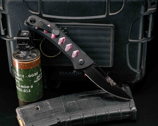 Custom Kwaiken Folder- Dyed Giraffe Bone, Anodized Black Handle, Black Nitride Blade, Textured Grip, Deep Carry Pocket Clip