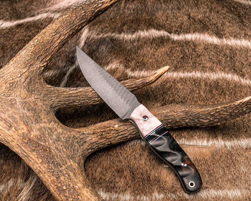 Modified Crow Jr- Giraffe Bone, Black G10, Cherry G10, White G10, Blue G10 and Brass Pin Striping, Black G10 Split, Desert Ironwood, Patriot Mosaic Pins, Aluminum Lanyard Pin, Textured Grip
