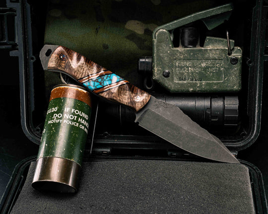 Field Knife- Hawaiian Curly Koa, Black G10, Copper, Natural Canvas Micarta, Turquoise with Copper Web Tru-stone Split, Copper Patriot Mosaic Pins, Textured Grip