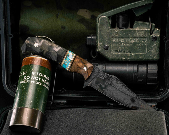 Tosahwi- Teak, Black G10, Coyote G10 and Brass Pin Striping, Turquoise with Gold Web Tru-stone Split, Buckeye Burl, Mosaic Pins, Textured Grip