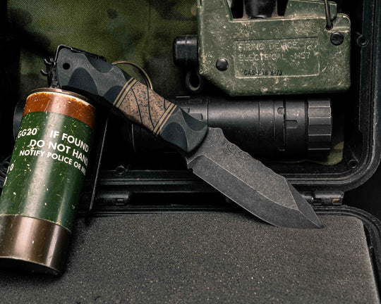 Disaster Cub- Black G10, Black G10, Coyote G10 and OD Green G10 Pin Striping, FDE GripX Split, CF Pins, CF Lanyard, Textured Grip