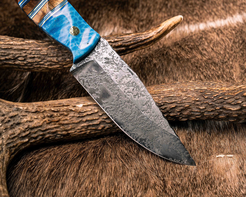 Crow Jr- Dyed Coral, Blue G10, Brass and White G10 Pin Striping, Hawaiian Curly Koa Split, Desert Ironwood, Mosaic Pins, Brass Lanyard Pin, Textured Grip