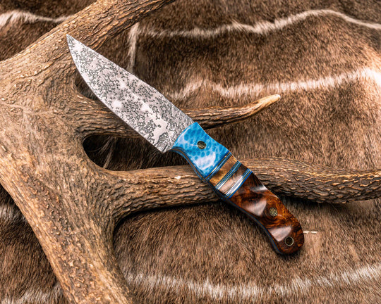 Crow Jr- Dyed Coral, Blue G10, Brass and White G10 Pin Striping, Hawaiian Curly Koa Split, Desert Ironwood, Mosaic Pins, Brass Lanyard Pin, Textured Grip