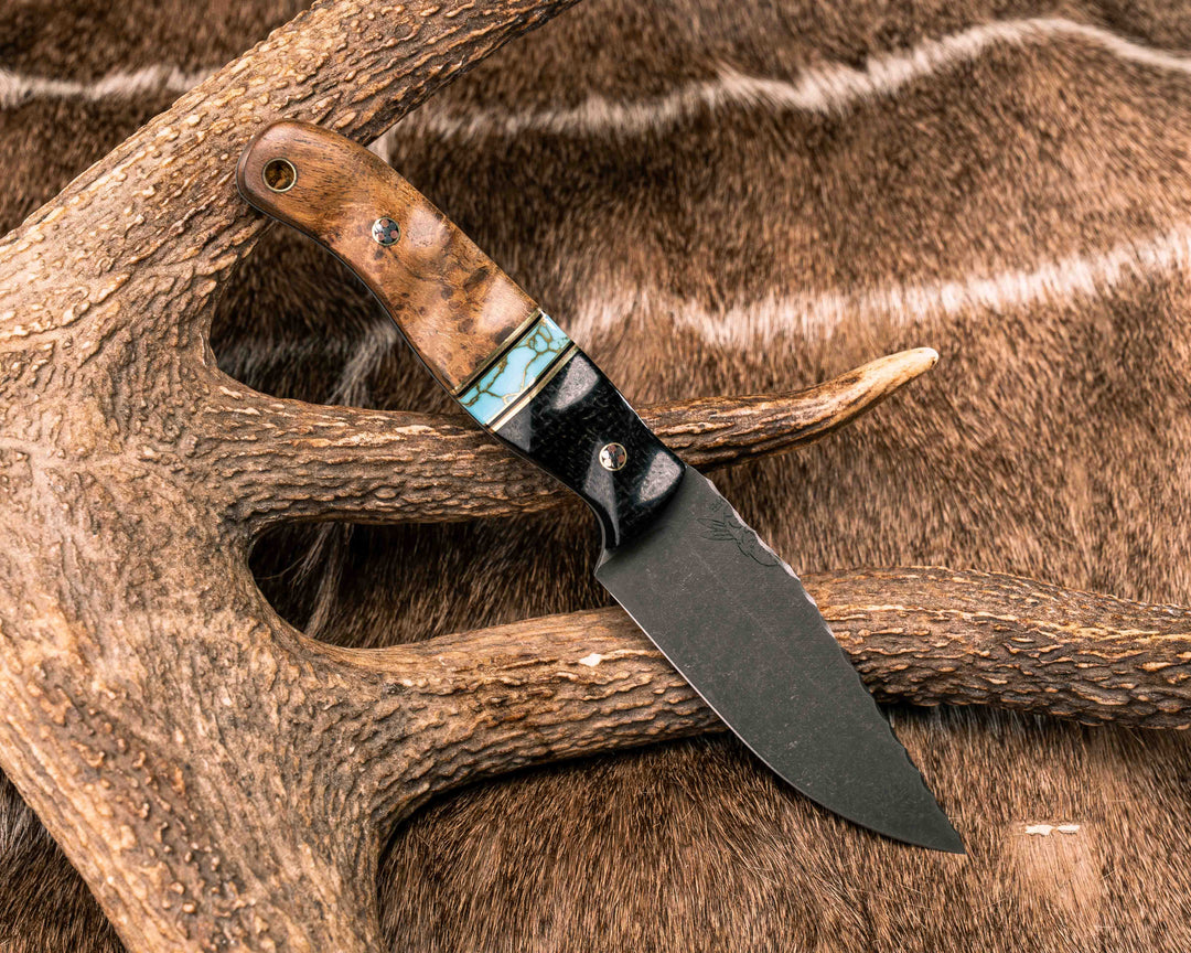 Crow Scalper- Black Burlap Micarta, Black G10 and Brass Pin Striping, Turquoise with Gold Web Tru-stone Split, Teak, Mosaic Pins, Brass Lanyard Pin, Textured Grip