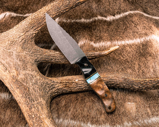 Crow Scalper- Black Burlap Micarta, Black G10 and Brass Pin Striping, Turquoise with Gold Web Tru-stone Split, Teak, Mosaic Pins, Brass Lanyard Pin, Textured Grip