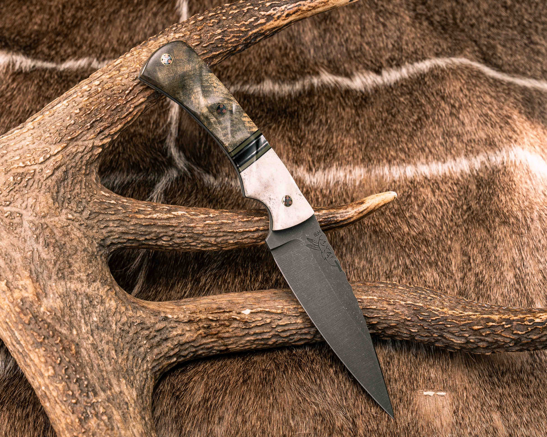 Prometheus- Elk antler, Black G10, OD GreenG10, Aluminum Split, Buckeye Burl, Mosaic Pins, Textured Grip