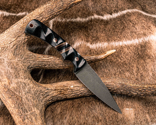 Prometheus- Black Burlap Micarta, Black G10, Coyote G10 and Copper Pin Striping, Black Burlap Micarta Split, Copper Patriot Mosaic Pins, Copper Lanyard Pin, Textured Grip