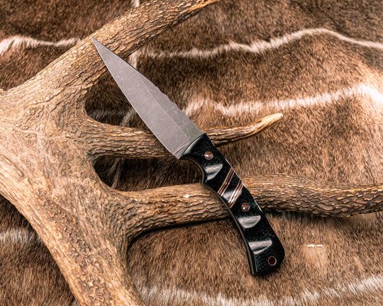 Prometheus- Black Burlap Micarta, Black G10, Coyote G10 and Copper Pin Striping, Black Burlap Micarta Split, Copper Patriot Mosaic Pins, Copper Lanyard Pin, Textured Grip