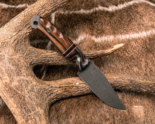 Crow Scalper- Python Canvas Micarta, OD Green G10, Desert Tan G10, Cherry G10 and Black Canvas Micarta Split, Desert Ironwood, Brass Mosaic Pins, Textured Grip