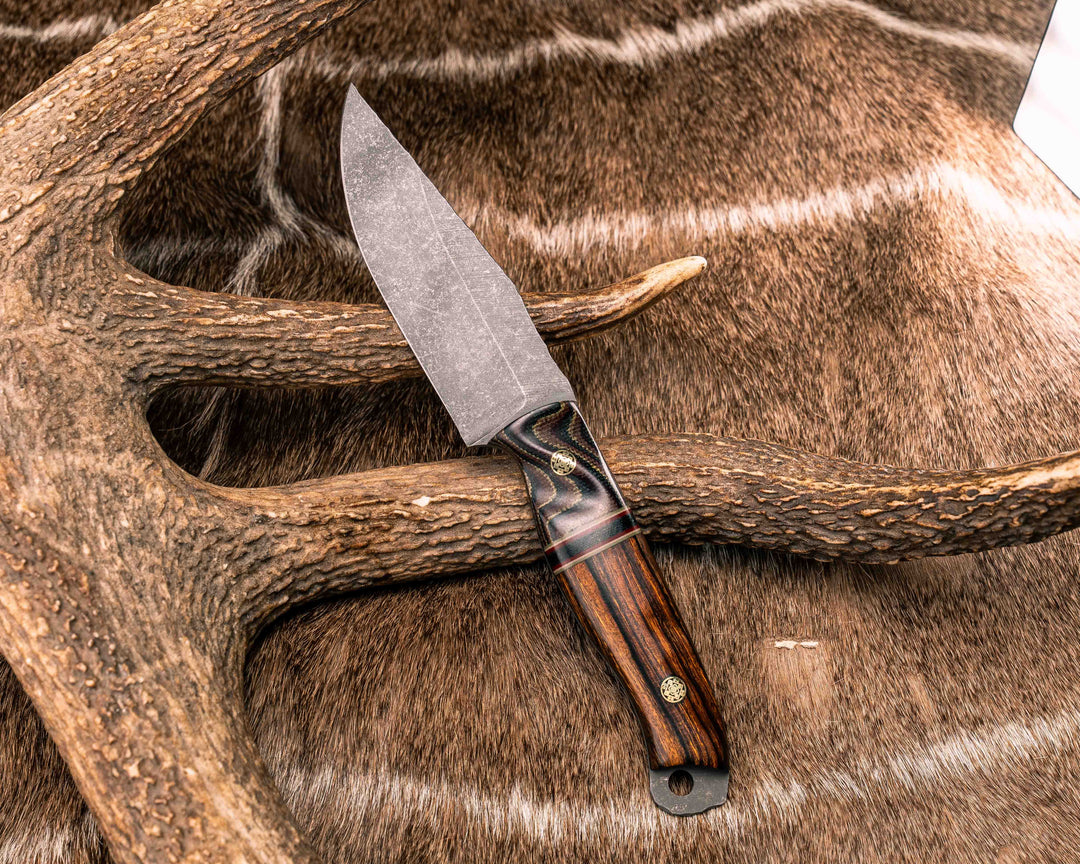 Crow Scalper- Python Canvas Micarta, OD Green G10, Desert Tan G10, Cherry G10 and Black Canvas Micarta Split, Desert Ironwood, Brass Mosaic Pins, Textured Grip