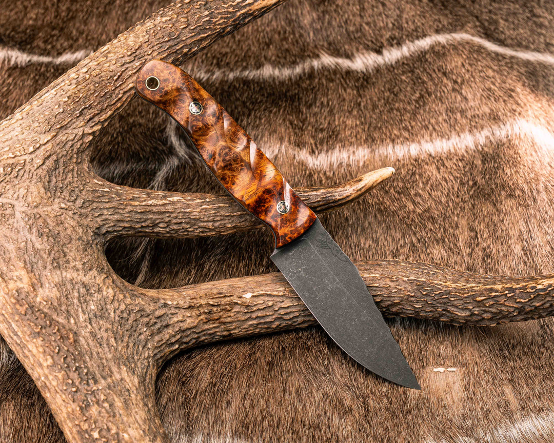 Crow Scalper- Lion's Blood Amboyna Burl, Mosaic Pins, Brass Lanyard Pin, Textured Grip