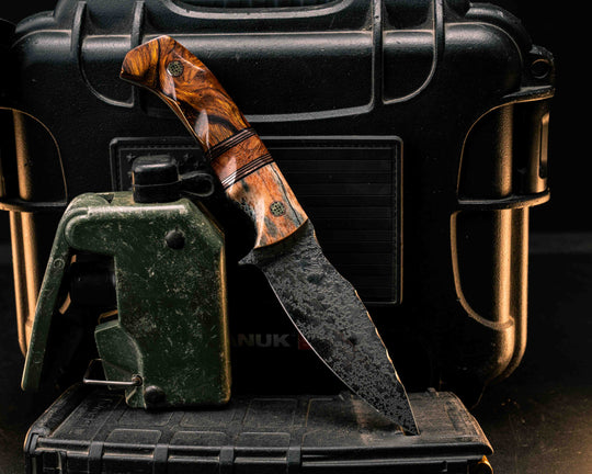 Ishi- Dyed Giraffe Bone, Black G10 and Copper Pin Striping, Honduran Mahogany Split, Desert Ironwood, Mosaic Pins, Textured Grip