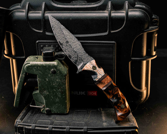 Ishi- Dyed Giraffe Bone, Black G10 and Copper Pin Striping, Honduran Mahogany Split, Desert Ironwood, Mosaic Pins, Textured Grip
