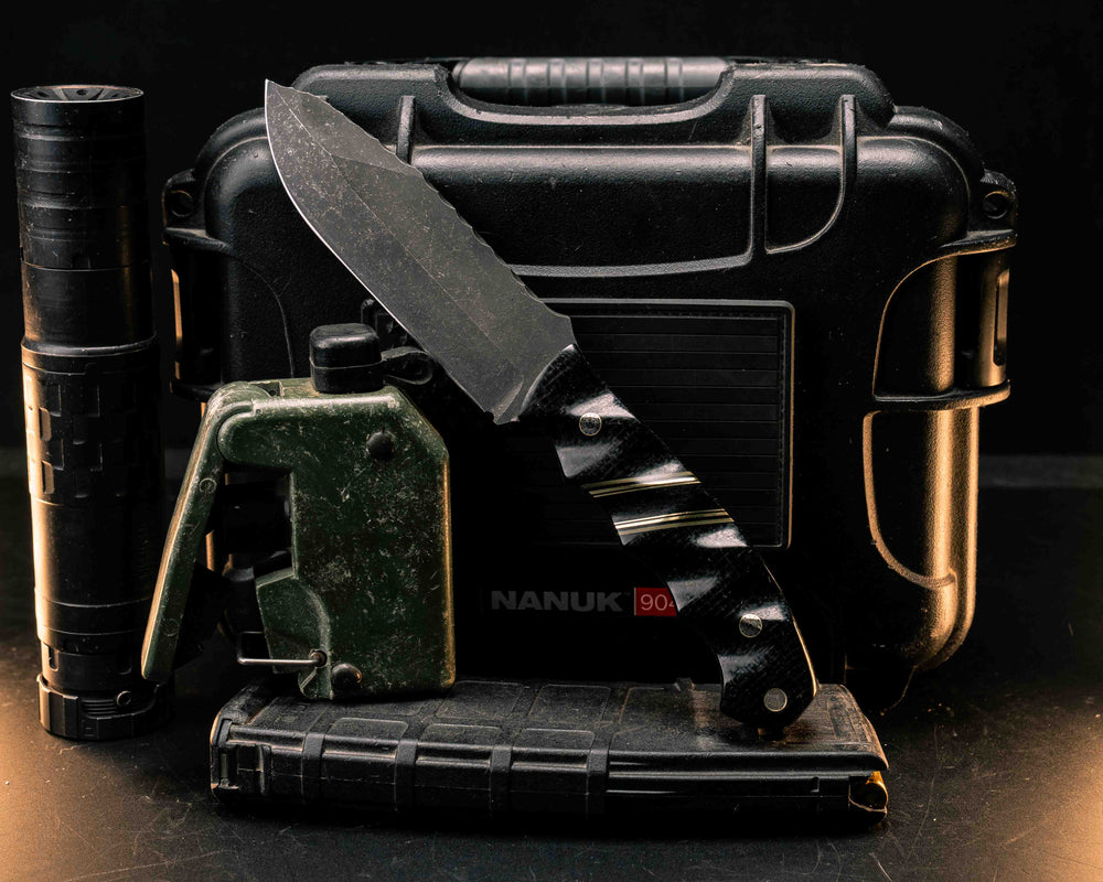 Disaster Breacher- Black Burlap Micarta, OD Green G10, Black G10, Brass and Black Canvas Micarta Split, Mosaic Pins, Brass Lanyard Pin, Textured Grip