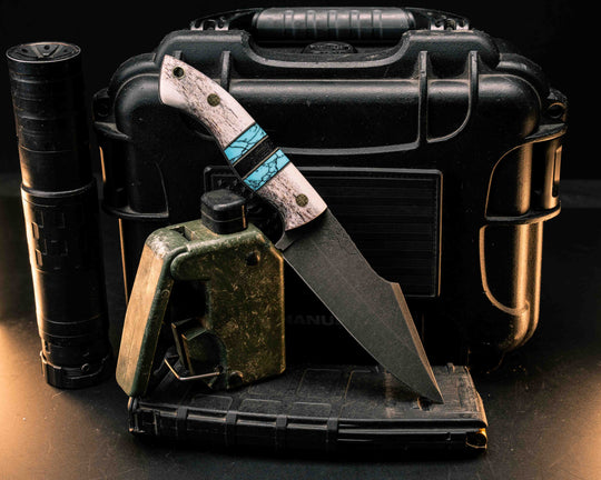 Widow Maker- Elk Antler, Grey G10, Black G10 and Brass Pin Striping, Turquoise with Black Matrix Tru-stone and African Blackwood Split, Mosaic Pins, Brass Lanyard Pin, Smooth Grip