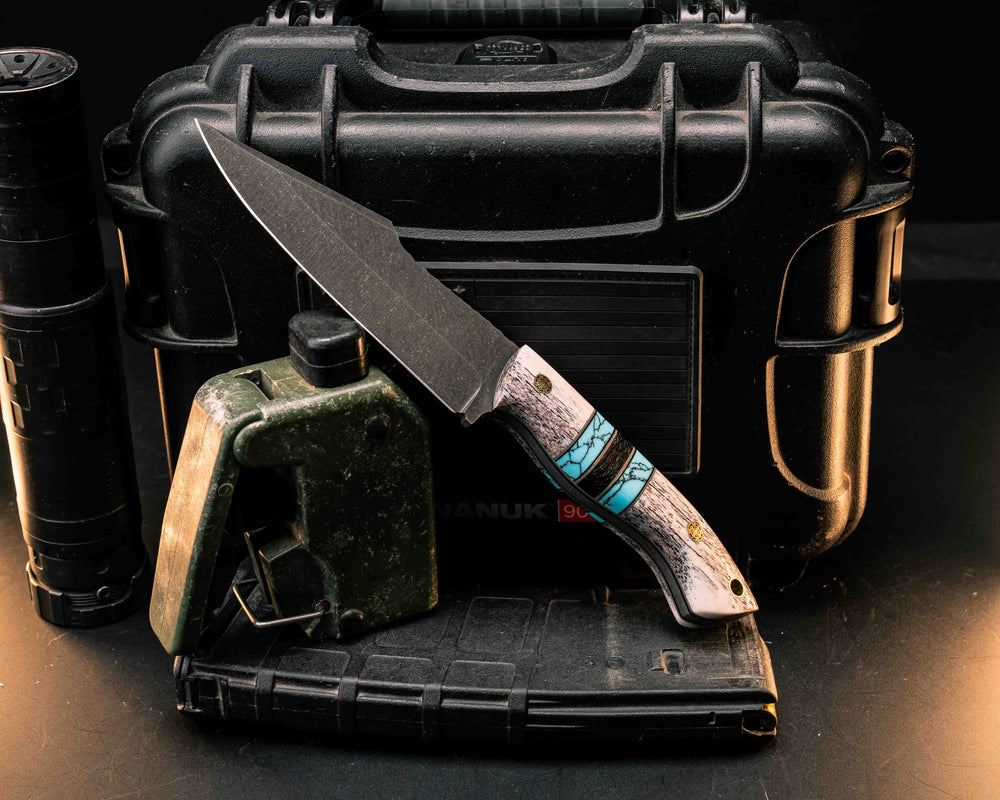 Widow Maker- Elk Antler, Grey G10, Black G10 and Brass Pin Striping, Turquoise with Black Matrix Tru-stone and African Blackwood Split, Mosaic Pins, Brass Lanyard Pin, Smooth Grip