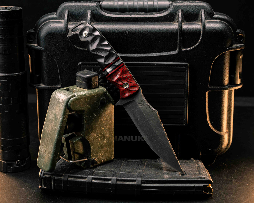 Tosahwi- Dark Red Topo GripX, Black G10, Cherry G10 and Aluminum Split, Black Dunes Carbon, Mosaic Pins, Textured Grip