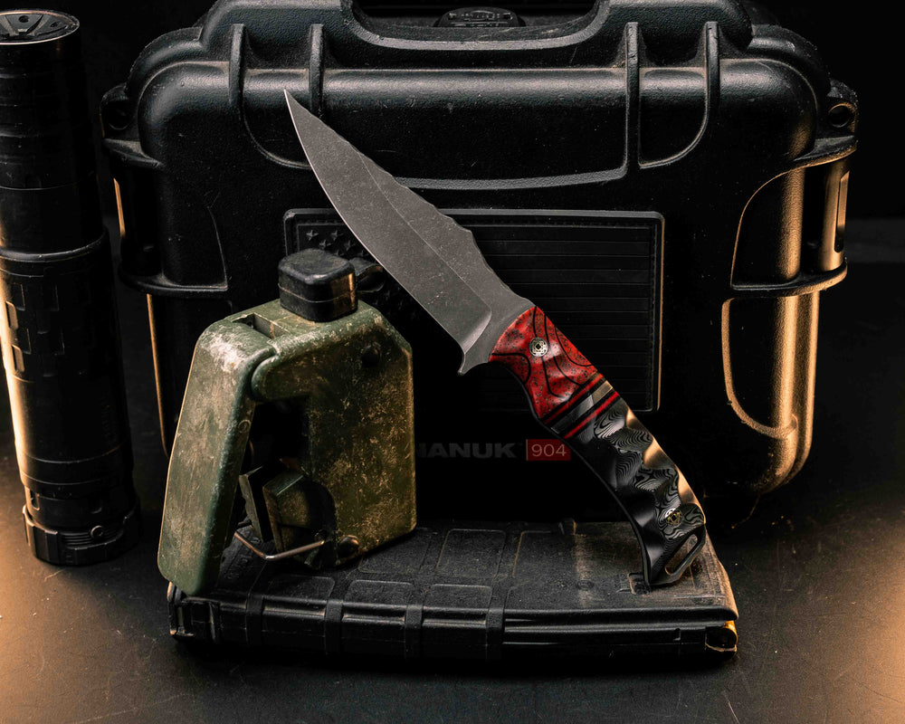 Tosahwi- Dark Red Topo GripX, Black G10, Cherry G10 and Aluminum Split, Black Dunes Carbon, Mosaic Pins, Textured Grip