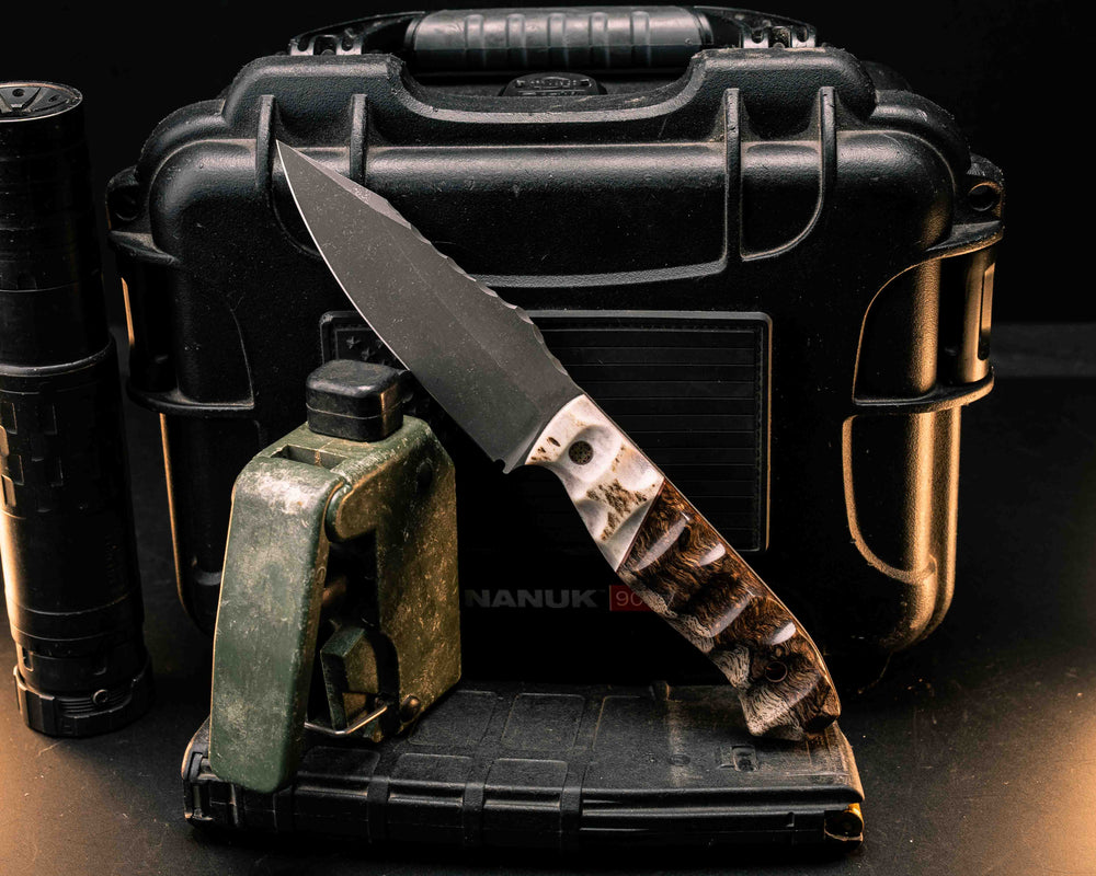 Field Knife- Elk Antler, Copper Split, Honduran Mahogany, Mosaic Pins, Copper Pins, Textured Grip
