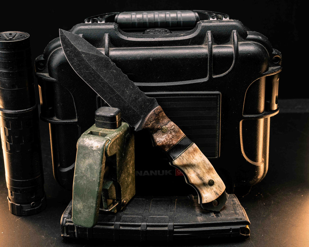 Disaster Breacher- Honduran Mahogany, Black G10 and Brass Pin Striping, African Blackwood Split, Giraffe Bone, Mosaic Pins, Textured Grip
