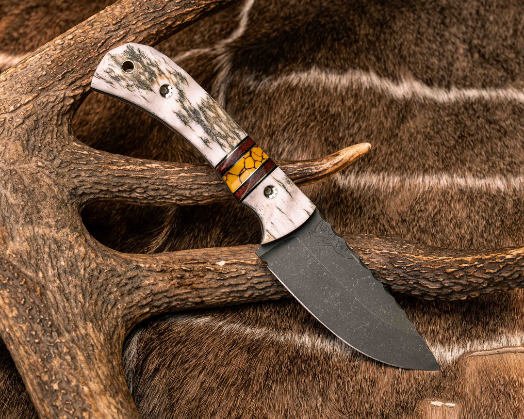 Cavner- Elk Antler, Black G10 and Brass Pin Striping, Brown Canvas Micarta and Yellow Dino Bone Tru-stone Split, Mosaic Pins, Brass Lanyard Pin, Textured Grip