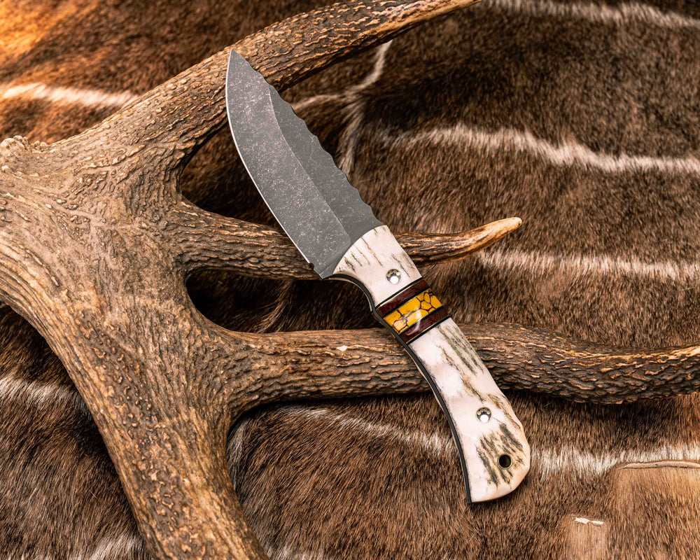 Cavner- Elk Antler, Black G10 and Brass Pin Striping, Brown Canvas Micarta and Yellow Dino Bone Tru-stone Split, Mosaic Pins, Brass Lanyard Pin, Textured Grip