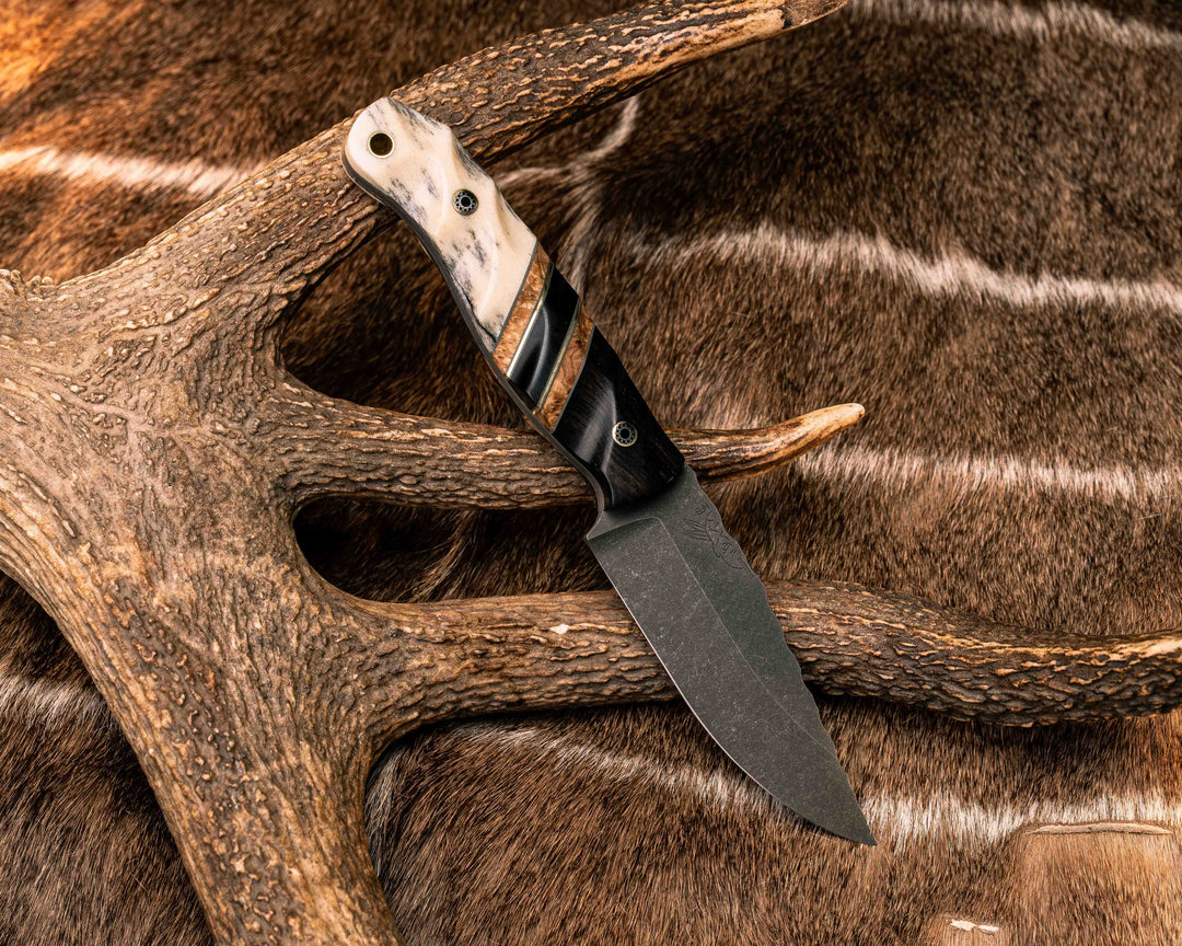 Crow Jr- African Blackwood, Grey G10 and Brass Pin Striping, Black Ash Burl and Bison Horn Split, Giraffe Bone, Mosaic Pins, Brass Lanyard Pin, Textured Grip