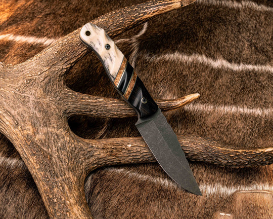 Crow Jr- African Blackwood, Grey G10 and Brass Pin Striping, Black Ash Burl and Bison Horn Split, Giraffe Bone, Mosaic Pins, Brass Lanyard Pin, Textured Grip