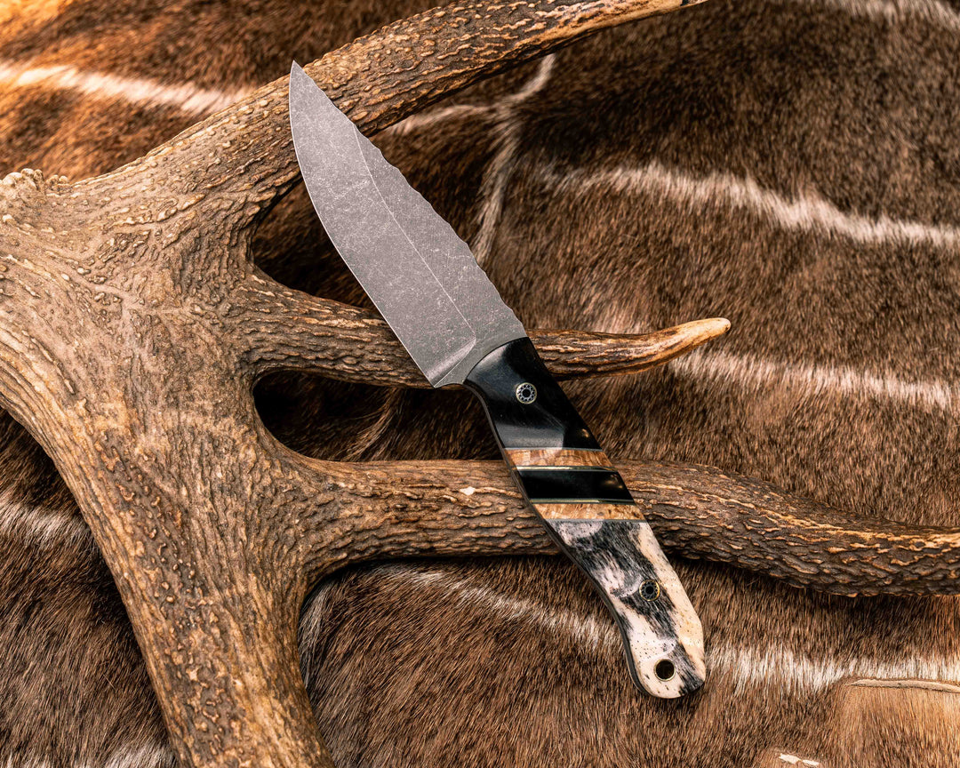 Crow Jr- African Blackwood, Grey G10 and Brass Pin Striping, Black Ash Burl and Bison Horn Split, Giraffe Bone, Mosaic Pins, Brass Lanyard Pin, Textured Grip