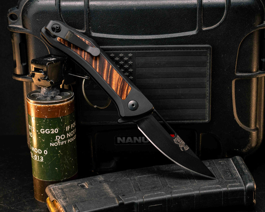 Custom Kwaiken Folder - Hawaiian Curly Koa, Anodized Black Handle, Black Nitride Blade, Textured Grip, Deep Carry Pocket Clip
