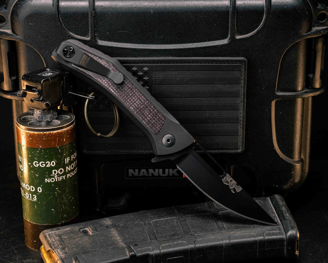 Custom Kwaiken Folder- Bison Jute Micarta, Anodized Black Handle, Black Nitride Blade, Smooth Grip, Deep Carry Pocket Clip