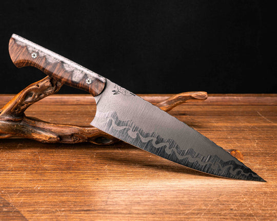 Chef Blade- Hawaiian Curly Koa and Crushed Glow Rock in Resin, Mosaic Pins, Smooth Grip