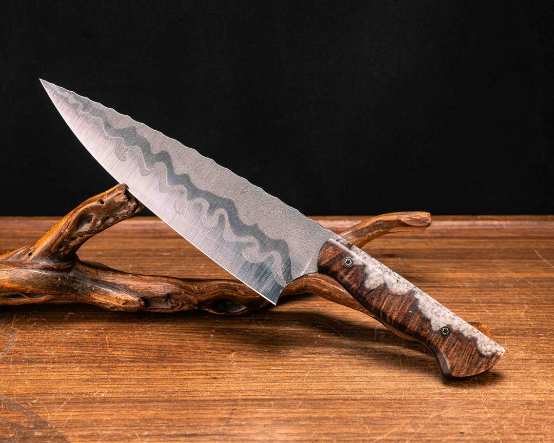 Chef Blade- Hawaiian Curly Koa and Crushed Glow Rock in Resin, Mosaic Pins, Smooth Grip