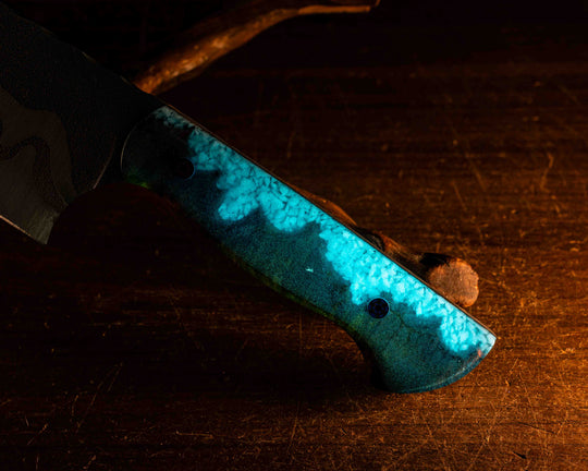 Chef Blade- Hawaiian Curly Koa and Crushed Glow Rock in Resin, Mosaic Pins, Smooth Grip