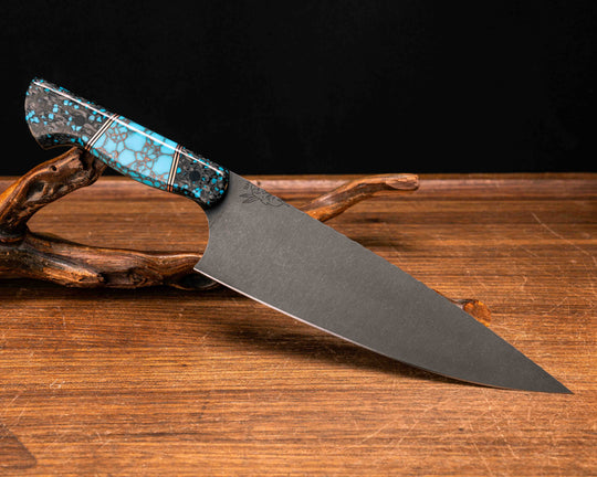 Chef Blade- Turquoise Rocky Wave Carbon, Black G10 and Copper Pin Striping, Turquoise with Copper Web Tru-stone Split, CF Pins, Smooth Grip