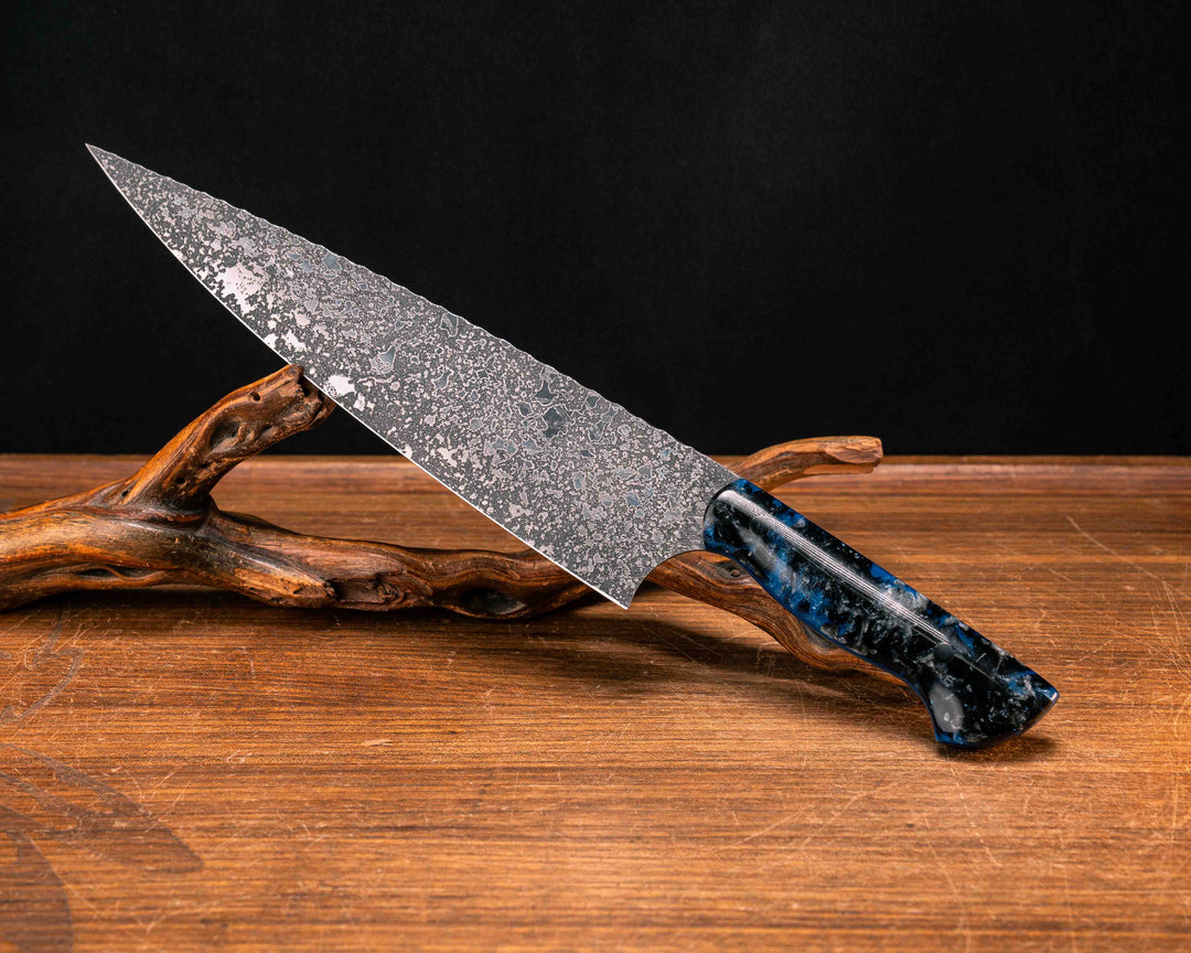 10" Chef Blade- Black, Silver and Clear Pearl Resin, CF Pins, Smooth Grip