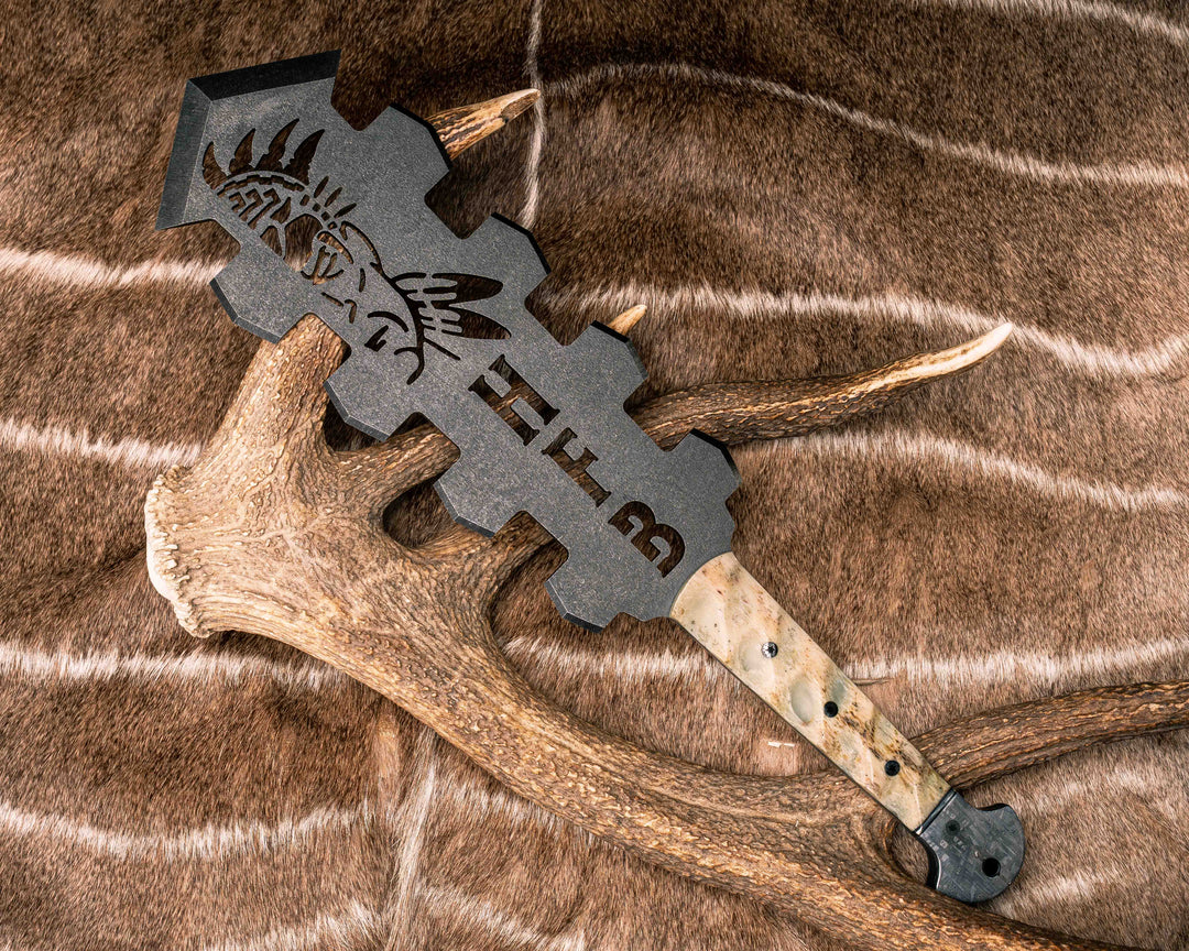 Macuahuitl- Giraffe Bone, Black G10 and Aluminum Split, Aletai Meteorite, Silver Mosaic Pins, CF Lanyard Pin, Textured Grip
