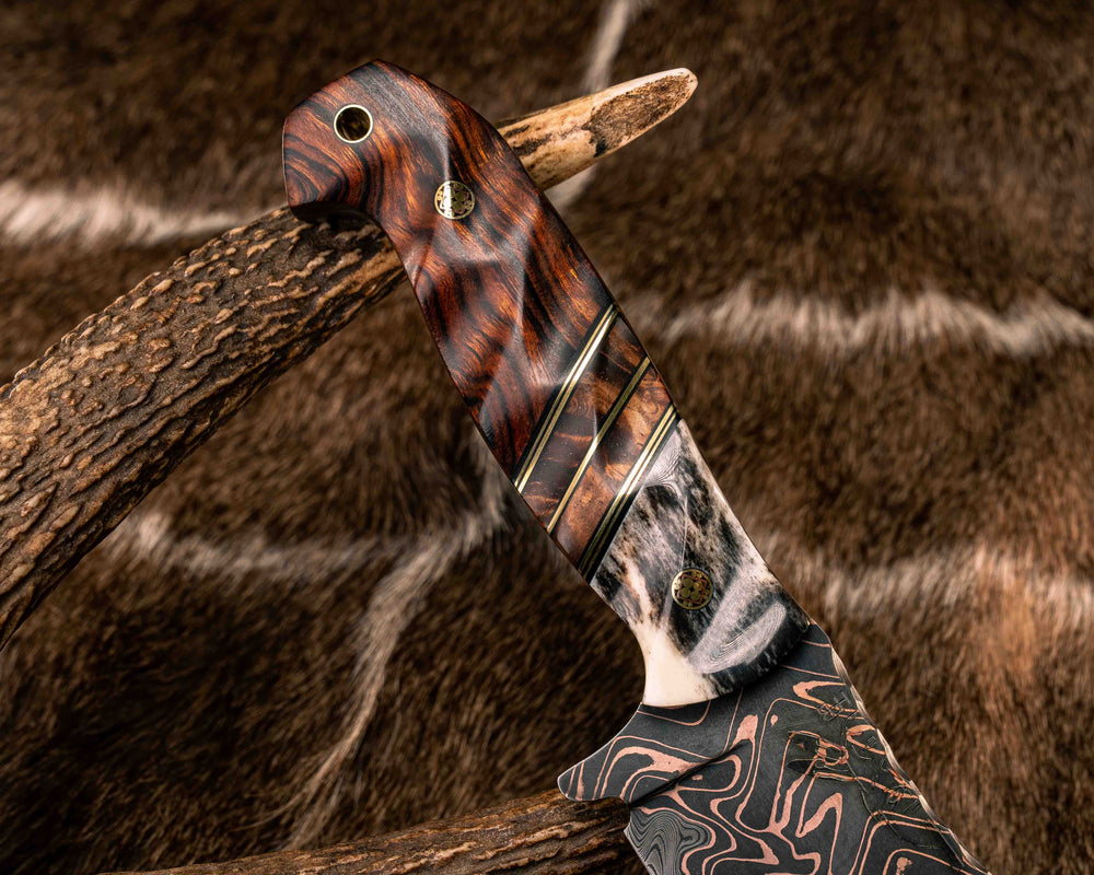 Bowie Jr- Baker Forge "Fury" Chevron CopperMai Damascus Core- Dyed Giraffe Bone, Black G10 and Brass Pin Striping, Hawaiian Curly Koa Split, Desert Ironwood, Mosaic Pins, Brass Lanyard Pin, Textured Grip