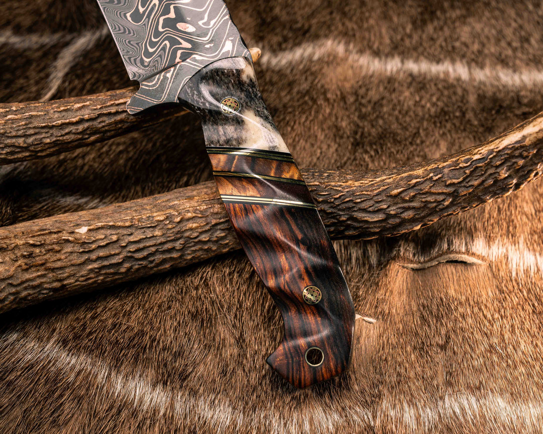 Bowie Jr- Baker Forge "Fury" Chevron CopperMai Damascus Core- Dyed Giraffe Bone, Black G10 and Brass Pin Striping, Hawaiian Curly Koa Split, Desert Ironwood, Mosaic Pins, Brass Lanyard Pin, Textured Grip