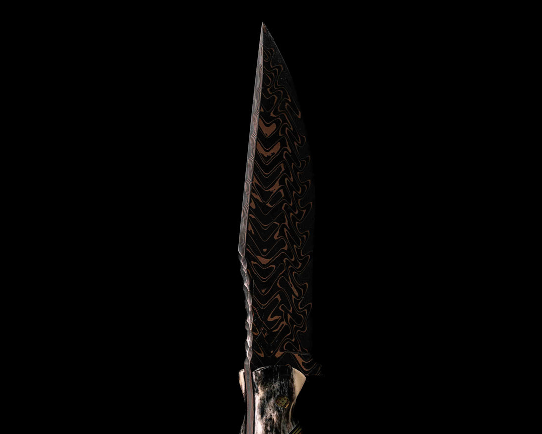 Bowie Jr- Baker Forge "Fury" Chevron CopperMai Damascus Core- Dyed Giraffe Bone, Black G10 and Brass Pin Striping, Hawaiian Curly Koa Split, Desert Ironwood, Mosaic Pins, Brass Lanyard Pin, Textured Grip