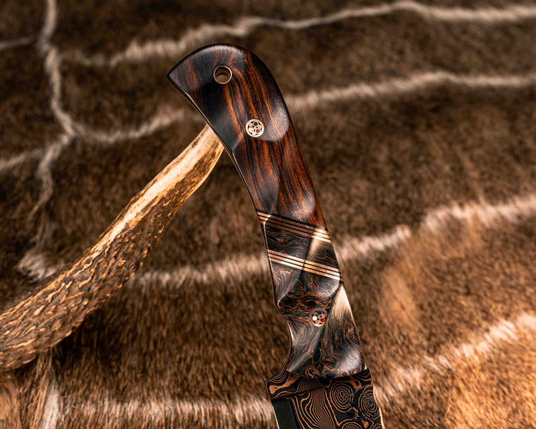 Cavner- Baker Forge CopperMai Raindrop Ni Shim- Copper Dark Matter Carbon, Black G10 and Copper Pin Striping, Copper Dark Matter Carbon Split, Desert Ironwood, Copper Patriot Mosaic Pins, Copper Lanyard Pin, Textured Grip