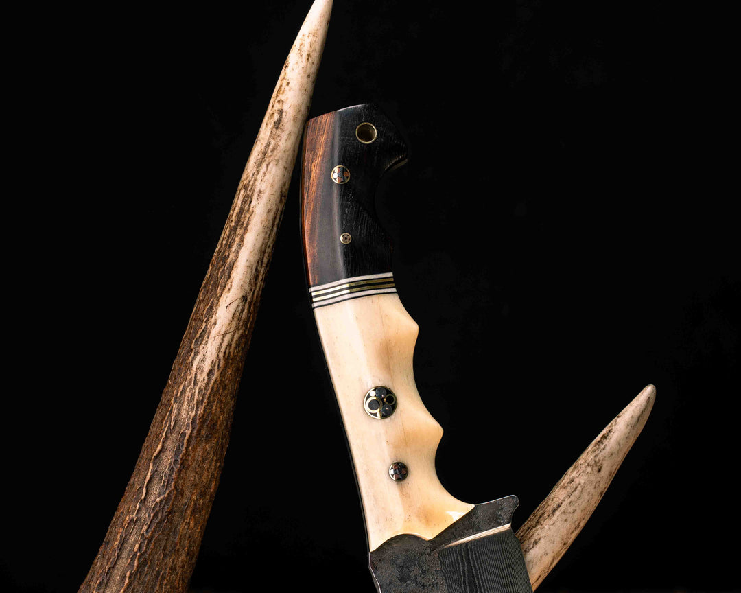 Ranch Knife- Baker Forge Wavy Pattern Damascus- Giraffe Bone, Black G10, White G10 and Brass Split, Desert Ironwood, Mosaic Pins, 3/8" Mosaic Pin, 1/8" Mosaic Pin, Brass Lanyard Pin, Textured Grip
