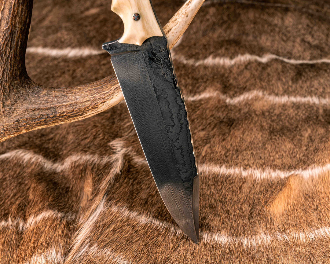 Ranch Knife- Baker Forge Wavy Pattern Damascus- Giraffe Bone, Black G10, White G10 and Brass Split, Desert Ironwood, Mosaic Pins, 3/8" Mosaic Pin, 1/8" Mosaic Pin, Brass Lanyard Pin, Textured Grip
